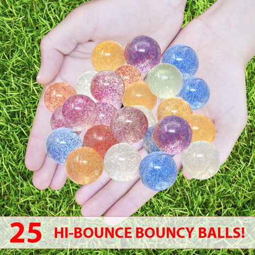 25 Bouncy Balls for Kids Party Favors | Glitter Bouncy Ball 27mm | Superball Small Rubber Balls for Kids