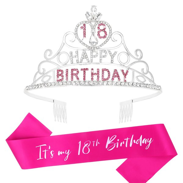 CURASA Birthday Sash and Crown for Women 18th Birthday Sash Pink Birthday Crown Adult Women Silver Birthday Tiara Happy Birthday Crown Hot Pink its my 18th birthday Sash Birthday Decoration