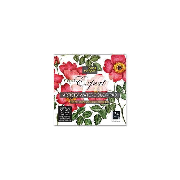 Zen Sangam (10.5x10.5cm) Artists' Expert Watercolor 300GSM 60% Cotton Cold Pressed Glued Sketch Paper Pad - 24 Sheets (48 Pages) - Watercolor Paper - Watercolour Book (Square)