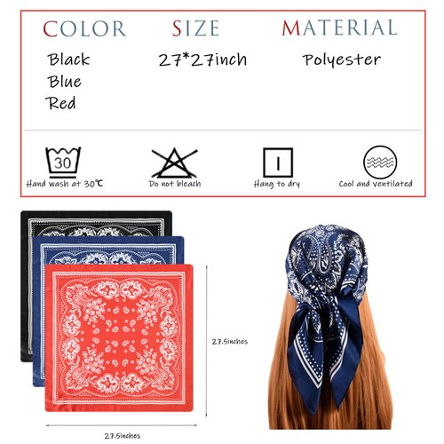 ICKEYOU 3Pcs Boho Silk Scarf for Women Hair Bandana Satin Head Scarf Retro Silk Bandanas Hair Scarf Hair Wrap for Women Girls