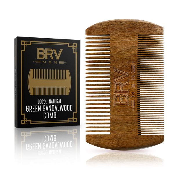 BRV MEN Beard & Mustache Comb | 100% Natural Green Sandalwood Beard Comb | Pocket Beard Comb w/a Stylish Carry Case | Wooden Beard Comb for Men For All Types and Styles of Hair & Beard