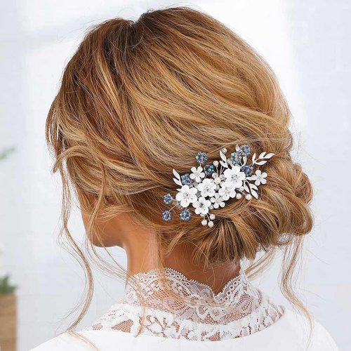 Jeairts Flower Wedding Hair Clips Blue Beaded Wedding Hair Pieces Glitter Crystal Pearl Headpiece Hair Barrette Bridal Hair Accessories for Women and Girls
