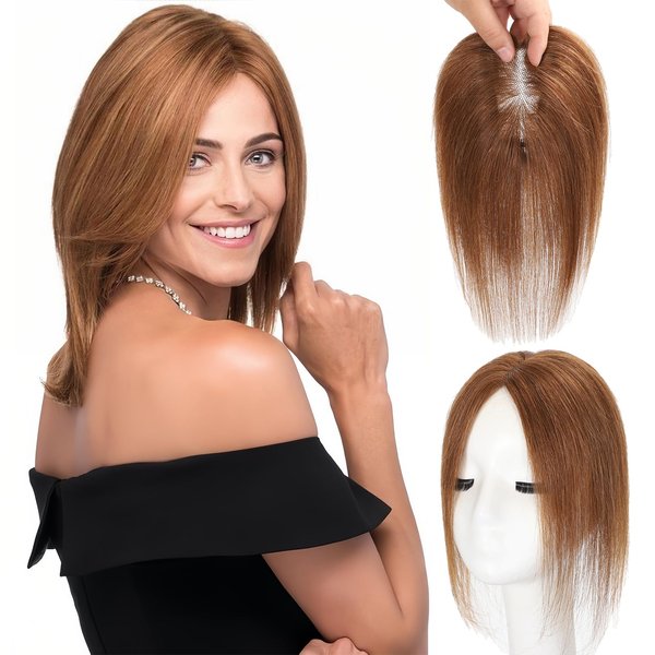 Luolihar Hair Topper for Women Real Human Hair No Bangs Upgrade Lace Base Human Hair Topper for Women with Thinning Hair Clip in Top Hair Extensions Top Hair Pieces for Women Light Brown 10 Inch