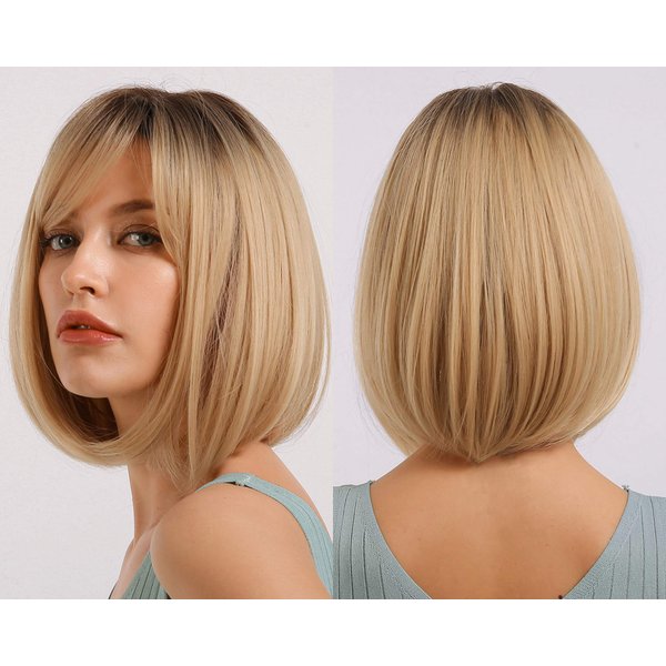 FIFIGO Blonde Bob Wig with Bangs Short Wigs for Women Ombre Straight Synthetic Natural Heat Resistant Fiber Wigs as Real Hair 14 inches for Daily Wear, Party, Costume, Cosplay
