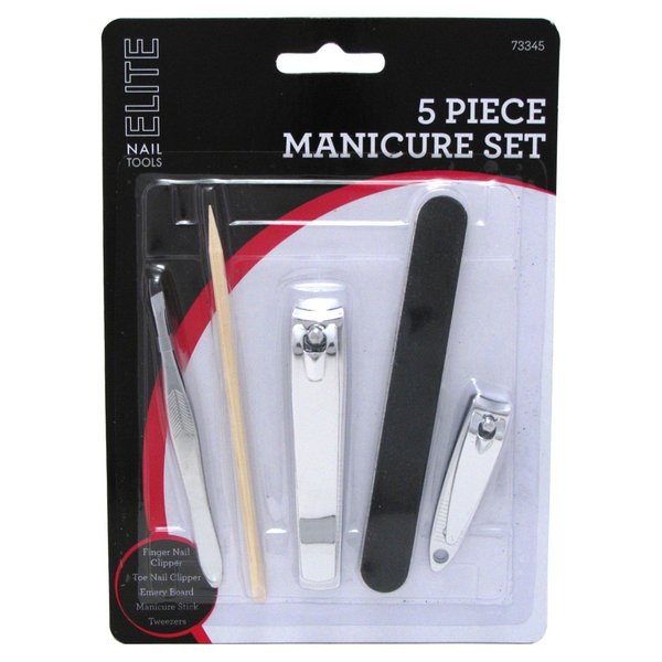 5 Piece Manicure Pedicure Set - Includes Bamboo Sticks, Emery Board, Stainless Steel Nail and Toe Clippers, Cuticle Remover