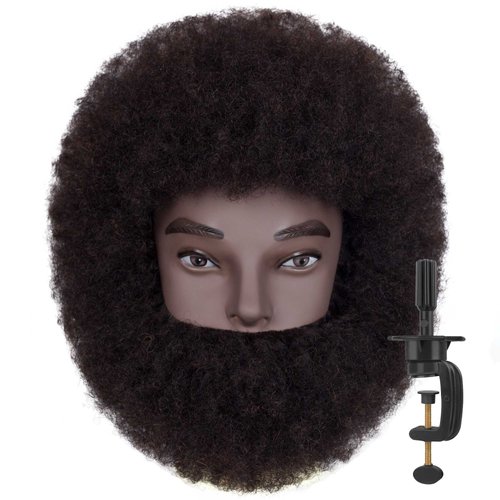 DIRUISI 8"Afro Male Mannequin Head with Beard 100% Human Hair 4A Type for Braiding Hairdresser Training Head Cosmetology Afro Hair Manikin Head for Practice Styling Cornrow Braiding with Clamp Stand
