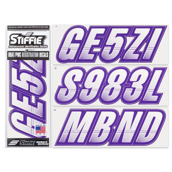 Stiffie Techtron White/Purple 3" Alpha-Numeric Registration Identification Numbers Stickers Decals for Boats & Personal Watercraft