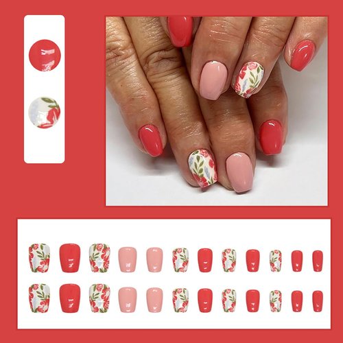 24Pcs Flower Press on Nails Short Fake Nails Pink Glue on Nails Red Floral Artificial Nails Spring Cute False Nails Glossy Square Coffin Acrylic Stick on Nails for Women Girls Manicure Tips