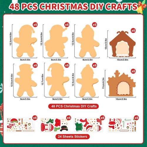 COCHIE 48Pcs DIY Christmas Craft Kits for Kids, Christmas Gingerbread Man Craft Art Kit, Make Your Own Christmas Craft Xmas Party Decor DIY Gingerbread House Cutouts for Holiday Handcraft Supplies