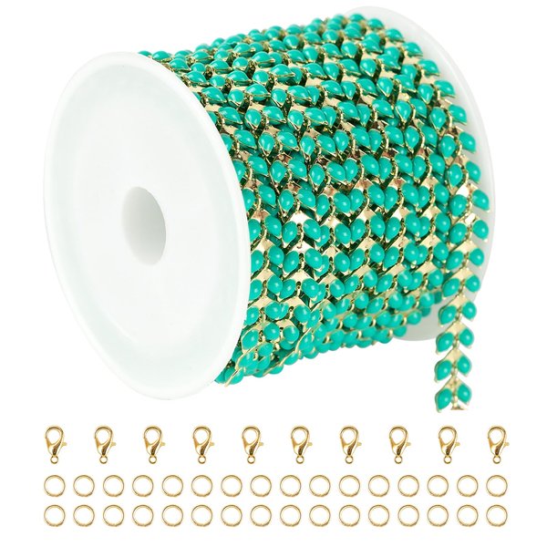 YOUBEIYEE 9.8 Feet Gold Plated Brass Chains Bulk Bluish Green Enamel Arrow Cable Jewelry Chain for Jewelry Making with Jump Rings and Lobster Clasps Jewelry Supplies