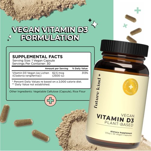 Future Kind Vegan Vitamin D3 (30 Softgels in Glass Bottle) - 2500 IU Plant-Based Vitamin D Supplements for Cell and Immune Support - Sugar-Free, Lichen-Based Vitamin D Supplements for Women & Men