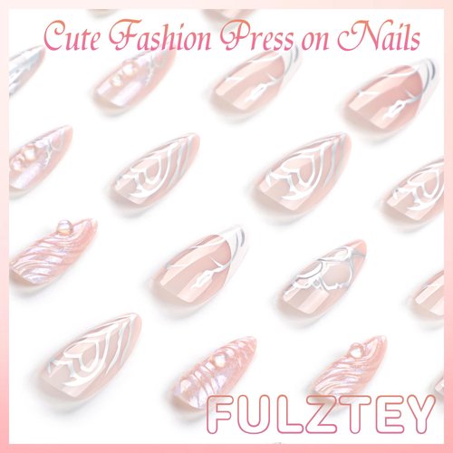 FULZTEY Long Press on Nails,3D Water Ripple Fake Nails for Women,Silver Y2K Heart Design Almond Nail Tips,12 Sizes Glossy Full Cover Artificial Nails for DIY Nail Art Nail Salon Decoration 24 PCS