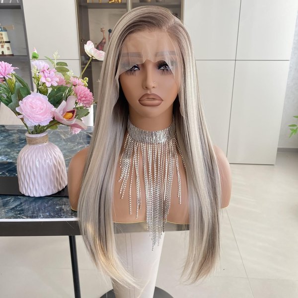 Carkira Ash Blonde Wigs with Brown Highlight Ombre Dark Root 13x6 Lace Front Wig Long Silk Straight Pre Plucked Synthetic Fiber Piano Color 24Inch for Women Girls