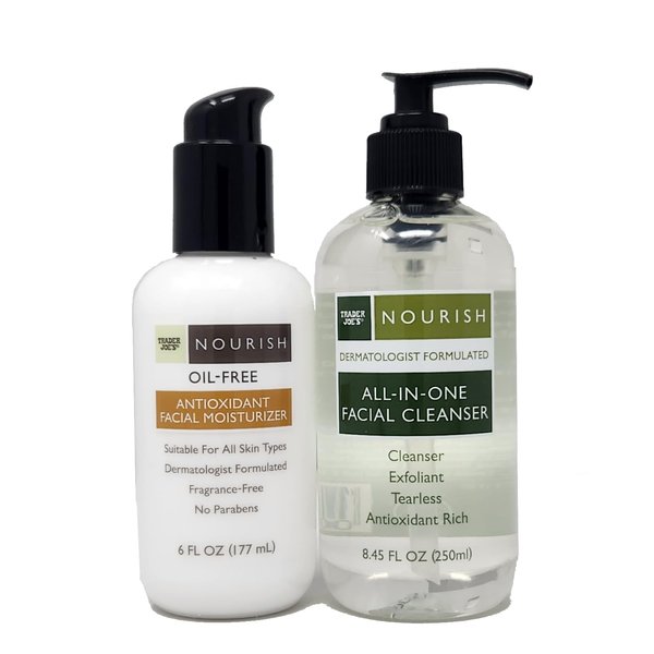 2 pack of Trader Joe's Nourish All In One Facial Cleanser & Nourish Oil-Free Antioxidant Facial Moisturizer