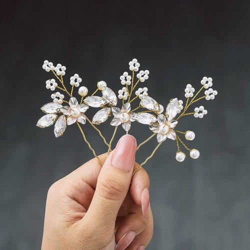 Heread Crystal Bride Wedding Hair Pins Flower Bridal Head Piece Pearl Hair Accessories for Women and Girls (Pack of 3) (C Gold)