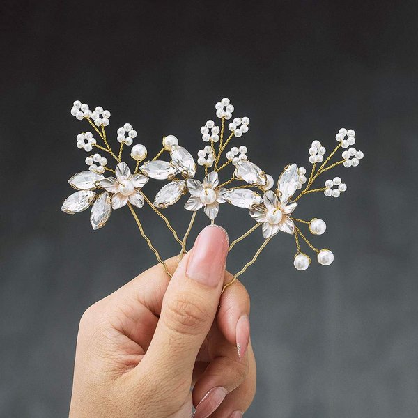 Heread Crystal Bride Wedding Hair Pins Flower Bridal Head Piece Pearl Hair Accessories for Women and Girls (Pack of 3) (C Gold)