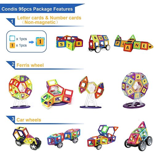 CONDIS Magnetic Building Blocks, 95 Pieces, Magnetic Toy Magnets for Children, Magnetic Building Blocks Set, Toy, Magnetic Games for Children, Gift from 3 4 5 6 7 8 Years Boys Girls Building Blocks