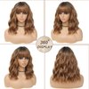 BEAUTIFA Ombre Brown Wig with Bangs for Women 14 Inch Shoulder Length Short Bob Wavy Curly Wig Ombre Brown Wig Heat Resistant Synthetic Wigs