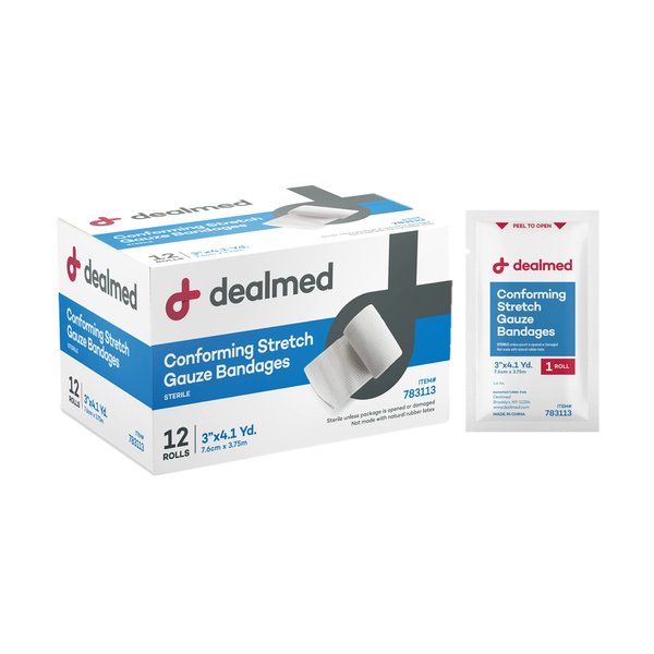 Dealmed 3" Sterile Conforming Stretch Gauze Bandages, 4.1 Yards Latex Free Stretched Dressing Wrap, Medical Non-Adherent Wound Care Mesh Bandages (Box of 12 Rolls)