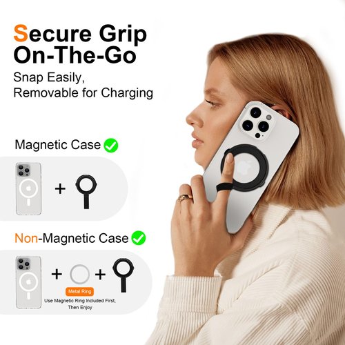 Magnetic Phone Grip Holder Compatible with iPhone 16 Pro Max,16 Plus,16 Pro,16 15 14 13 12 Mini, Magsafe Ring Stand Adjustable Kickstand, Removable Magsafe Finger Loop, Wireless Charging Compatible