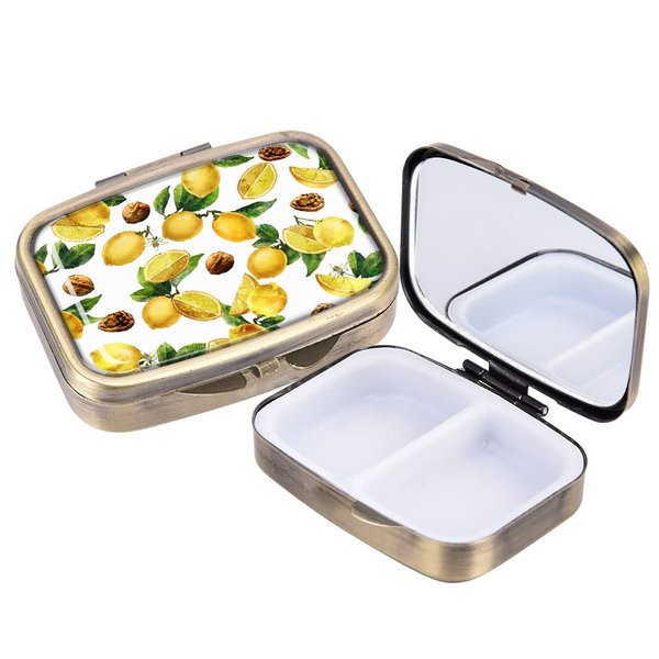 WIRESTER Rectangle Pill Box, 2 Compartment Retro Pill Case with Mirror, Medicine Tablet Vitamin Holder for Pocket Purse Travel - Lemon Leaf Walnuts