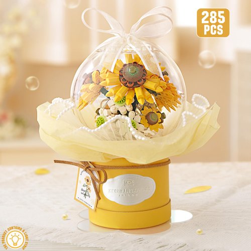 MEIEST Flower Building Blocks Set with Dust-Proof Dome,Simulation Bouquet for Valentine's Day,Bonsai Building Bricks Toys,Home Decor (Sunflower)