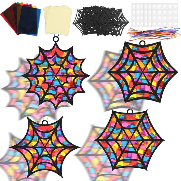 Lonfliness 32Pcs Halloween Suncatcher Kit Halloween Window Art DIY Suncatcher Crafts for Kids Spider Web Sun Catcher Craft Stained Glass Effect Tissue Paper Halloween Party Favors Kids Classroom Decor