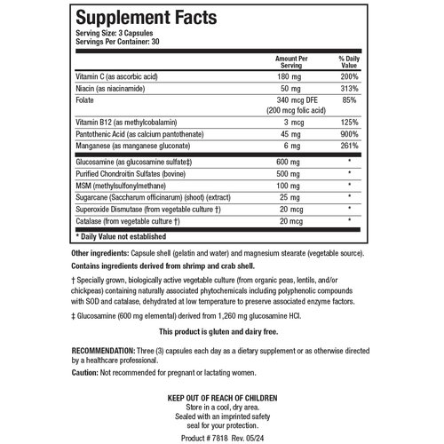 Biotics Research ChondroSamine S Comprehensive Joint and Connective Tissue Support, 600 Elemental Glucosamine, MSM, Vitamin C, Manganese, Niacin, Pantothenic Acid, Folate, B12, SOD, Catalase 90 Caps