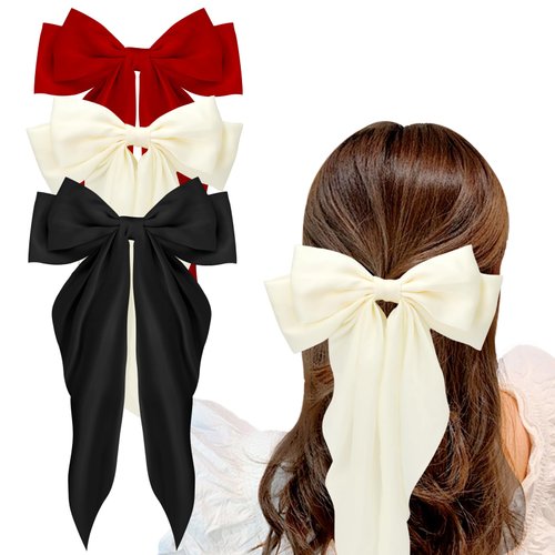 Hair Bows for Women Girls, 3 Pcs Red, White, Black Silky Satin Hair Bow Barrettes Long Tail Hair Ribbon Accessories