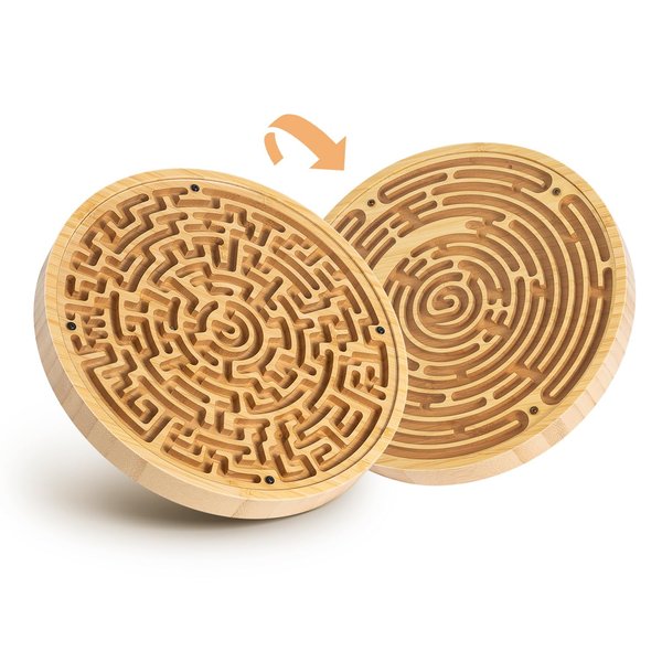 Wooden Labyrinth Board Game with Two Versions of Upgraded Circular Marble Maze with Two-Sided Design, 2-in-1 Puzzle Maze with Two Metal Balls, Brain Teaser Game for Children, Teenagers, and Adult