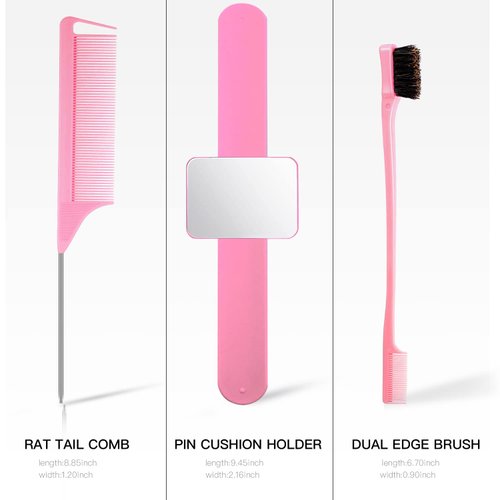 9 Pcs Hair Braiding Tools -2 Pieces Rat Tail Comb Parting Comb for Braiding 1Dual Edge Brush and Magnetic Wrist Sewing Pincushion Wristband Pin Cushion Holder with 5 Alligator Hair Clip (Pink)