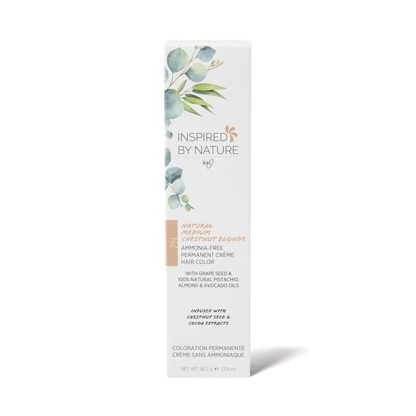 ion Ammonia-Free Permanent Hair Color Natural Medium Chestnut Blonde 7N, made from 100% naturally-derived polymers, cruelty free, vegan, PPD free, recyclable packaging, 2.05 oz
