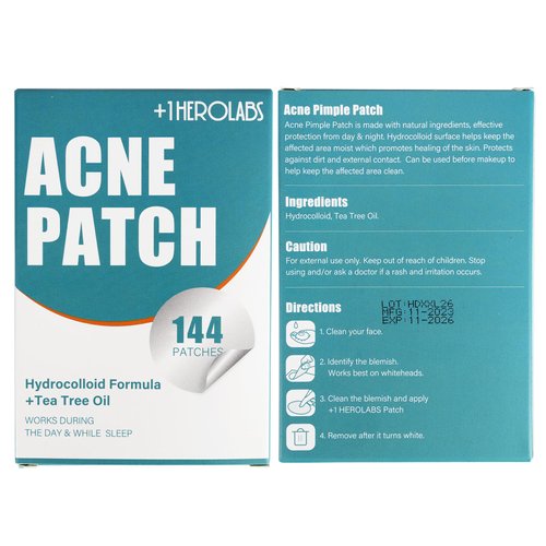 HeroLabs Acne Pimple Patch, Hydrocolloid Acne Patch with Tea Tree Oil, Invisible Acne Spot Treatment, Zit Patch, Blemish Cover, Two Sizes, Vegan, Cruelty Free (144 Count (Pack of 2))