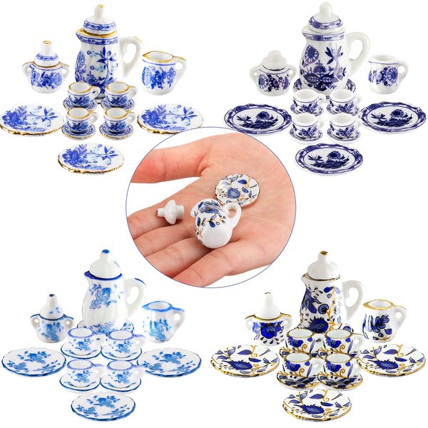60 Pieces 1:12 Scale Miniatures Dollhouse Porcelain Tea Cup Set, Flower Pattern, Blue Porcelain, Plum Blossom, Red Rose Teapot Cup Set Porcelain Accessories (Elegant Porcelain Series)