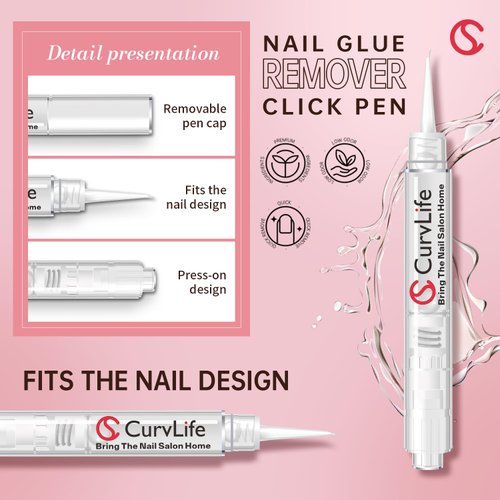 Curvlife New 3 IN 1 Nail Glue Remover Pen, Nail Glue Remover For Press On Nails, Click&Remove Pen Design, Not for Gel Polish Base Coat, For Fake Nails Debonder Adhessive Remover Acetone-free, 2pcs,5ml