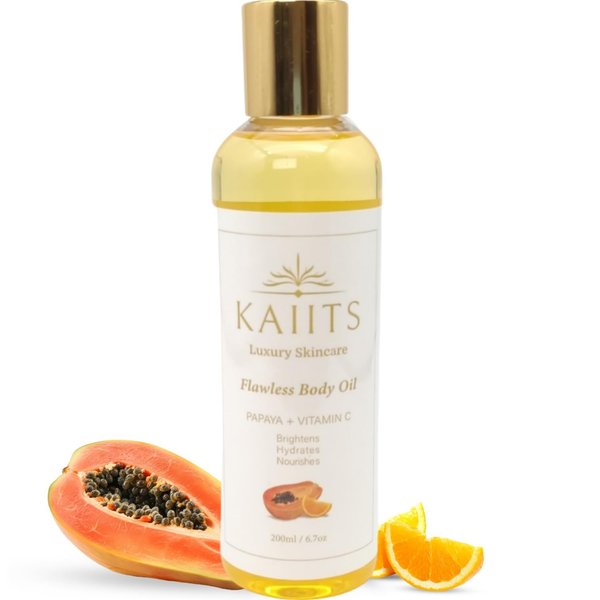KAIITS Flawless Body Oil with Papaya, Vitamin C, & Vitamin E. Hydrating, and Deeply Nourishing Oil for Scars, Fine Lines, Dark Spots, and Skin Rejuvenation. 200ml | 6.7 oz.