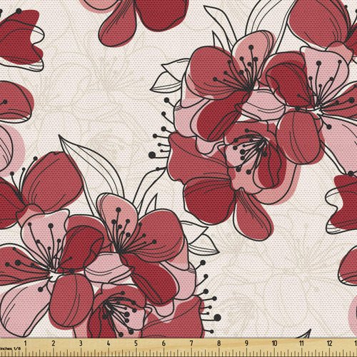 Ambesonne Floral Fabric by The Yard, Japanese Culture Cherry Blossom Coming of The Spring Birth of The Nature, Decorative Fabric for Upholstery and Home Accents, 1 Yard, Cream Pink
