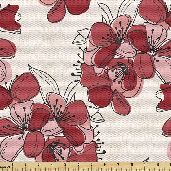 Ambesonne Floral Fabric by The Yard, Japanese Culture Cherry Blossom Coming of The Spring Birth of The Nature, Decorative Fabric for Upholstery and Home Accents, 1 Yard, Cream Pink