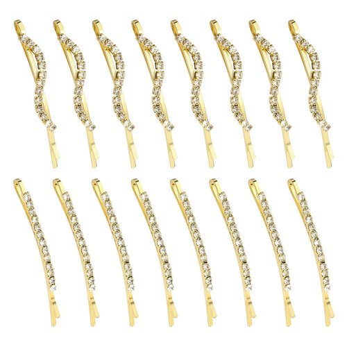 16 Pieces Fancy Rhinestone Bobby Pins, YISSION Gold Metal Hair Clips 2 Shaped Barrettes, Sparkly Crystal Hair Accessories for Women Girls Wedding Prom Party