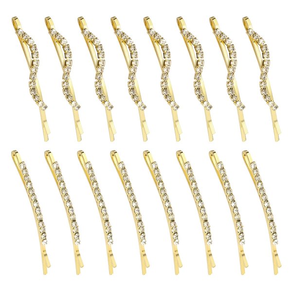 16 Pieces Fancy Rhinestone Bobby Pins, YISSION Gold Metal Hair Clips 2 Shaped Barrettes, Sparkly Crystal Hair Accessories for Women Girls Wedding Prom Party