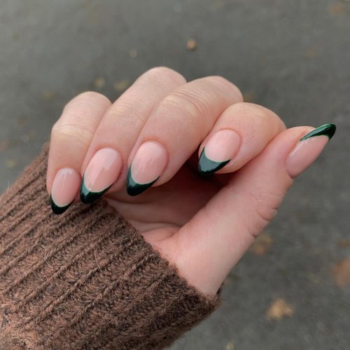 30 PCS Dark Green French Tip Press on Nails Almond Short,SXVME Fake Nails Glue on Nails Medium Short,Gel Nails Acrylic Nails Press ons Medium,Short False Nails Stick on Nails for Women