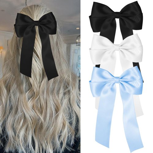 Bmobuo Hair Bows for Women Hair Ribbons Clips Satin Soft Ribbons Hair Clips Hair Barrettes Coquette Bows Balletcore Aesthetics Blue Bows Black Bows White Bows Clips 3PCS