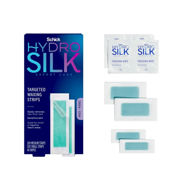 Schick Hydro Silk Targeted Waxing Strips | Soft Wax Strips for Body + Pubic Hair Removal, Eyebrow Wax Strips, Lip Wax Strip, Bikini Wax Kit for Women