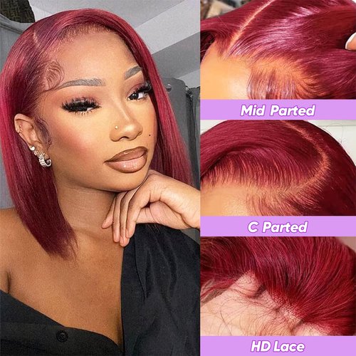 CLong Burgundy Lace Front Wig Human Hair, 14 inch 13x4 Lace Wig Transparent 99j Short Bob Wigs For Black Women Human Hair 150% Density (99j Bob Wig,14inch)