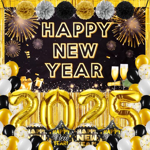 Chitidr 54 Pcs New Years Eve Party Supplies Happy New Year Banner Number 2025 Foil Balloons Black Gold White Confetti Balloons Foil Balloons Gold Fringe Curtain Pompoms Ribbon Straw