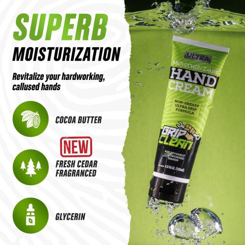 Grip Clean Hand Cream For Dry Cracked Hands, Men, Women, Ultra-Moisturizing Ultra-Grip Formula For Overworked Hands, Natural Ingredients, Auto Mechanics, Tool Shop, Garage, Non Greasy Lotion - 4.5oz