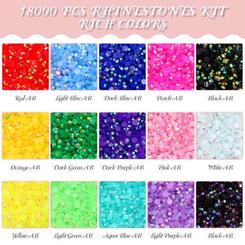 ZYNERY 18000pcs Flatback Rhinestones, 15 Mixed Color Jelly Rhinestones Round Shape Crystals Rhinestones for Crafts Nail Face Art Shoes Diamond Painting with Storage Box/Tweezers/Drill Pen (3mm)