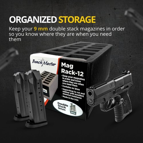 BenchMaster Double Stack 9mm Mag Rack (4" x 4" x 7.8"), Pistol Rack, Pistol Magazine Holder, Gun Parts & Accessories, Shock Absorption, Lightweight, Holds 12 Mags