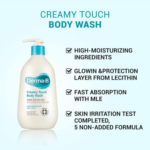 DERMA B Creamy Touch Body Wash, Long-Lasting Mild Moisturizing Cleanser, Intensive Nourishing with Shea Butter, Grape Seed Oil, Panthenol, Relaxing Scented Shower Gel, Kbeauty, 13.5 Fl Oz, 400ml