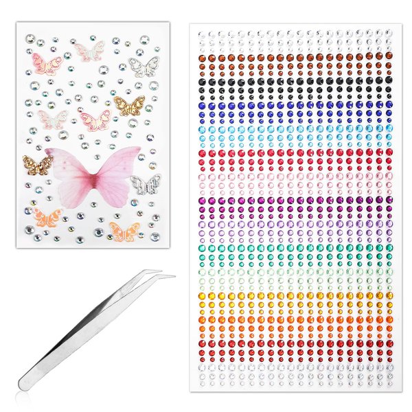 999pcs Butterfly Face Gem Stickers, Self Adhesive Jewels Stickers Diamond Shaped Face Rhinestones Glitter Face Gemstones with Tweezers Sequin Stickers for Body Nail Braid DIY Craft Decorations